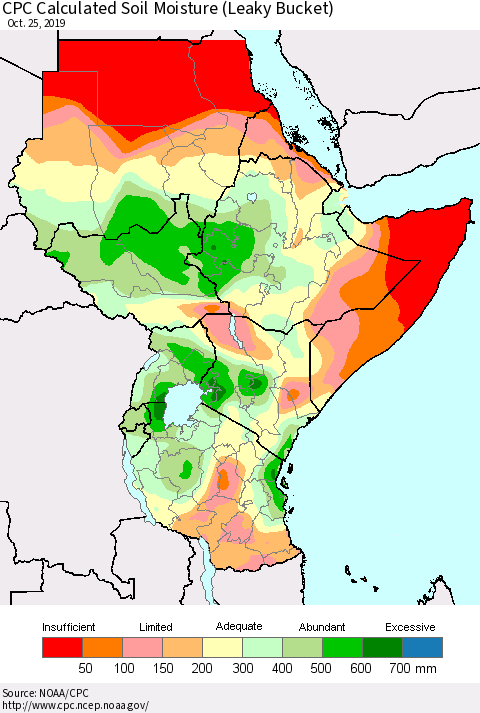 Eastern Africa CPC Calculated Soil Moisture (Leaky Bucket) Thematic Map For 10/21/2019 - 10/25/2019