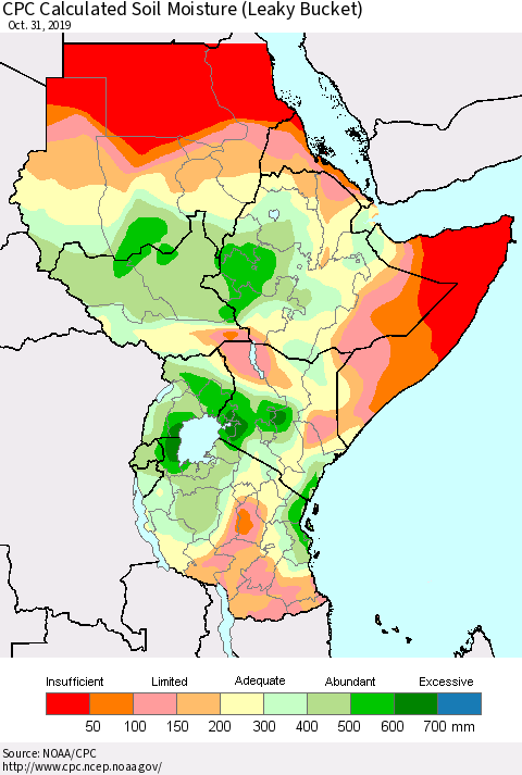 Eastern Africa CPC Calculated Soil Moisture (Leaky Bucket) Thematic Map For 10/26/2019 - 10/31/2019