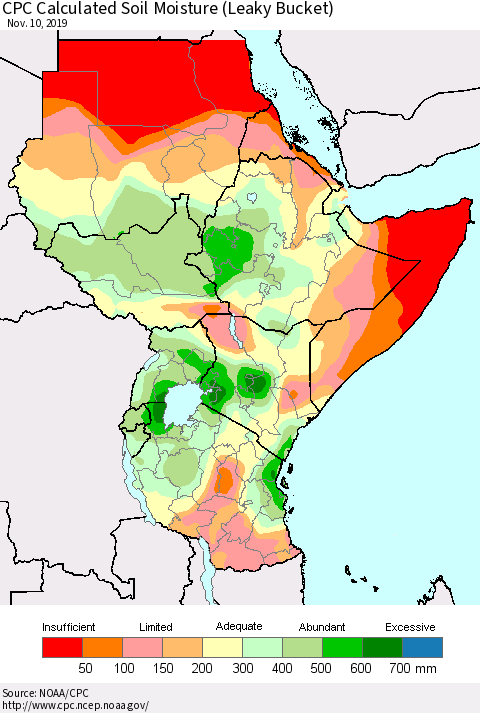 Eastern Africa CPC Calculated Soil Moisture (Leaky Bucket) Thematic Map For 11/6/2019 - 11/10/2019