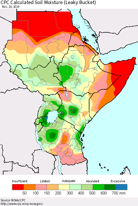 Eastern Africa CPC Calculated Soil Moisture (Leaky Bucket) Thematic Map For 11/16/2019 - 11/20/2019