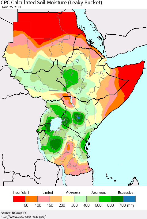 Eastern Africa CPC Calculated Soil Moisture (Leaky Bucket) Thematic Map For 11/21/2019 - 11/25/2019