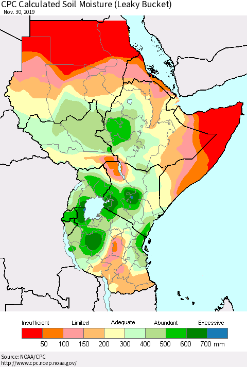 Eastern Africa CPC Calculated Soil Moisture (Leaky Bucket) Thematic Map For 11/26/2019 - 11/30/2019