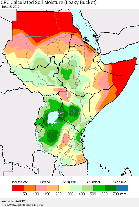 Eastern Africa CPC Calculated Soil Moisture (Leaky Bucket) Thematic Map For 12/11/2019 - 12/15/2019