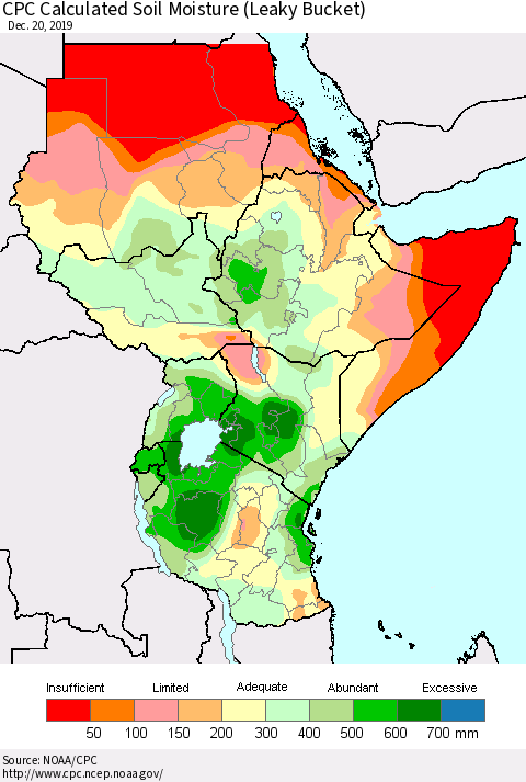 Eastern Africa CPC Calculated Soil Moisture (Leaky Bucket) Thematic Map For 12/16/2019 - 12/20/2019