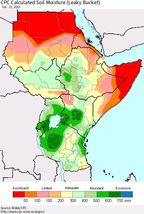 Eastern Africa CPC Calculated Soil Moisture (Leaky Bucket) Thematic Map For 12/21/2019 - 12/25/2019