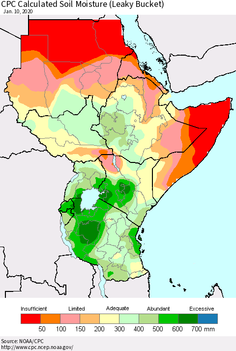 Eastern Africa CPC Calculated Soil Moisture (Leaky Bucket) Thematic Map For 1/6/2020 - 1/10/2020
