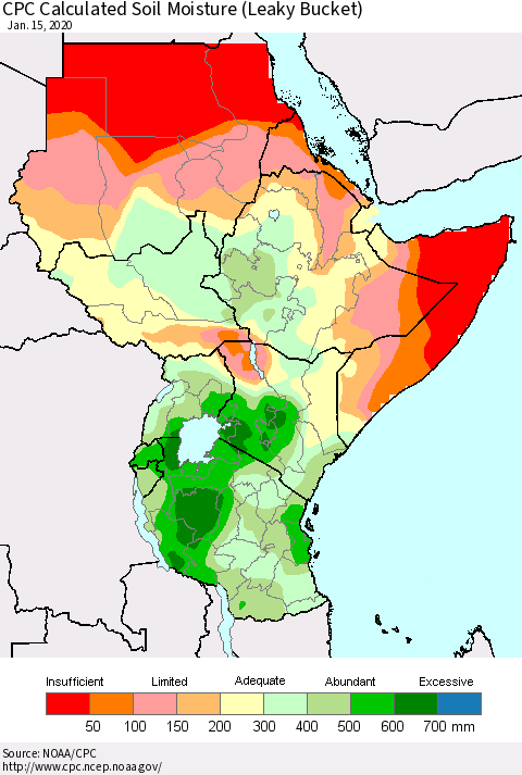 Eastern Africa CPC Calculated Soil Moisture (Leaky Bucket) Thematic Map For 1/11/2020 - 1/15/2020