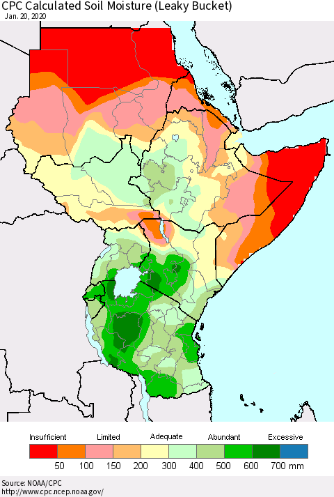 Eastern Africa CPC Calculated Soil Moisture (Leaky Bucket) Thematic Map For 1/16/2020 - 1/20/2020