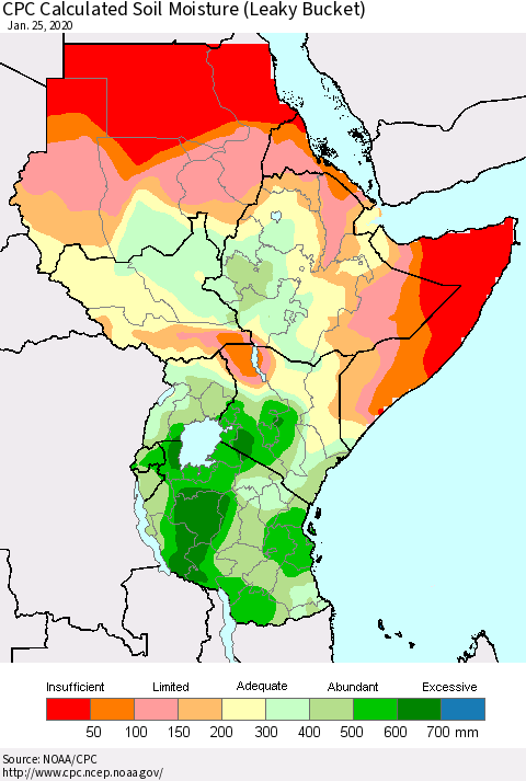Eastern Africa CPC Calculated Soil Moisture (Leaky Bucket) Thematic Map For 1/21/2020 - 1/25/2020