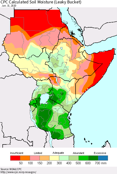 Eastern Africa CPC Calculated Soil Moisture (Leaky Bucket) Thematic Map For 1/26/2020 - 1/31/2020
