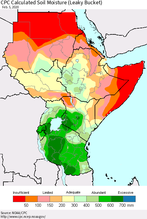 Eastern Africa CPC Calculated Soil Moisture (Leaky Bucket) Thematic Map For 2/1/2020 - 2/5/2020