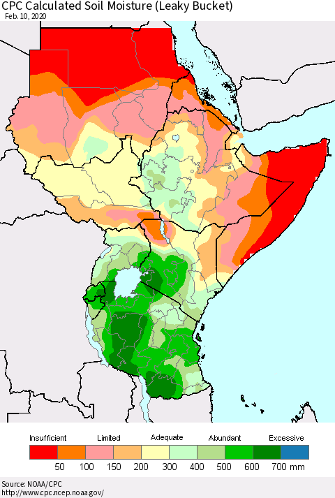 Eastern Africa CPC Calculated Soil Moisture (Leaky Bucket) Thematic Map For 2/6/2020 - 2/10/2020