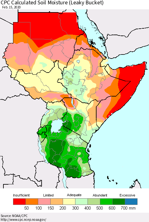 Eastern Africa CPC Calculated Soil Moisture (Leaky Bucket) Thematic Map For 2/11/2020 - 2/15/2020