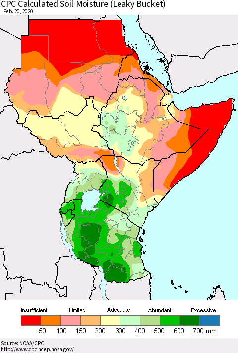 Eastern Africa CPC Calculated Soil Moisture (Leaky Bucket) Thematic Map For 2/16/2020 - 2/20/2020