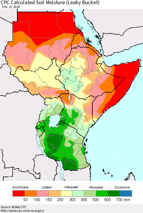Eastern Africa CPC Calculated Soil Moisture (Leaky Bucket) Thematic Map For 2/21/2020 - 2/25/2020