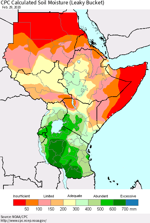 Eastern Africa CPC Calculated Soil Moisture (Leaky Bucket) Thematic Map For 2/26/2020 - 2/29/2020