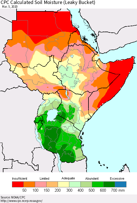 Eastern Africa CPC Calculated Soil Moisture (Leaky Bucket) Thematic Map For 3/1/2020 - 3/5/2020