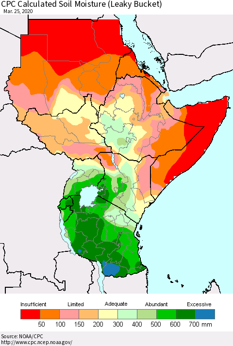 Eastern Africa CPC Calculated Soil Moisture (Leaky Bucket) Thematic Map For 3/21/2020 - 3/25/2020
