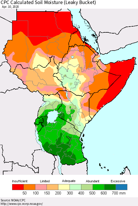 Eastern Africa CPC Calculated Soil Moisture (Leaky Bucket) Thematic Map For 4/6/2020 - 4/10/2020