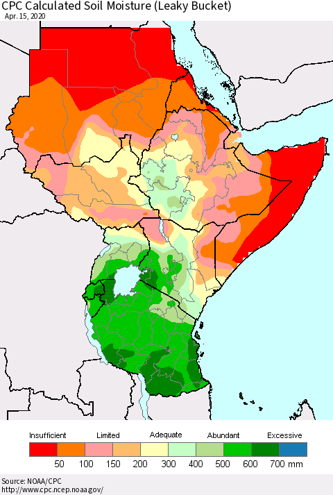 Eastern Africa CPC Calculated Soil Moisture (Leaky Bucket) Thematic Map For 4/11/2020 - 4/15/2020