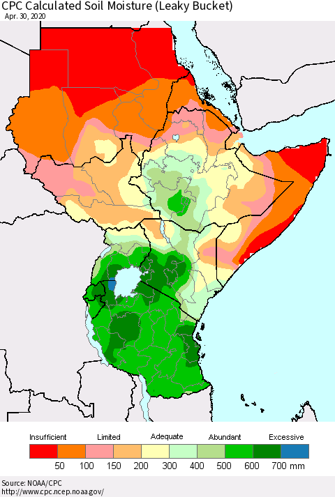 Eastern Africa CPC Calculated Soil Moisture (Leaky Bucket) Thematic Map For 4/26/2020 - 4/30/2020