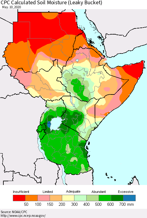 Eastern Africa CPC Calculated Soil Moisture (Leaky Bucket) Thematic Map For 5/6/2020 - 5/10/2020