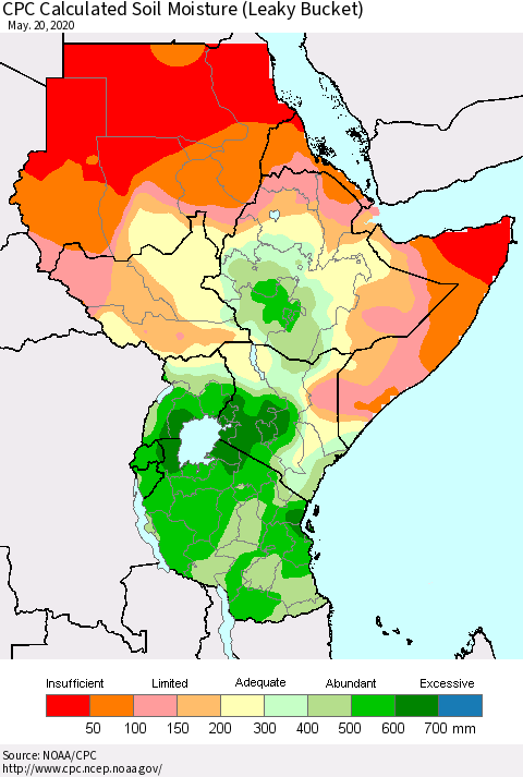 Eastern Africa CPC Calculated Soil Moisture (Leaky Bucket) Thematic Map For 5/16/2020 - 5/20/2020