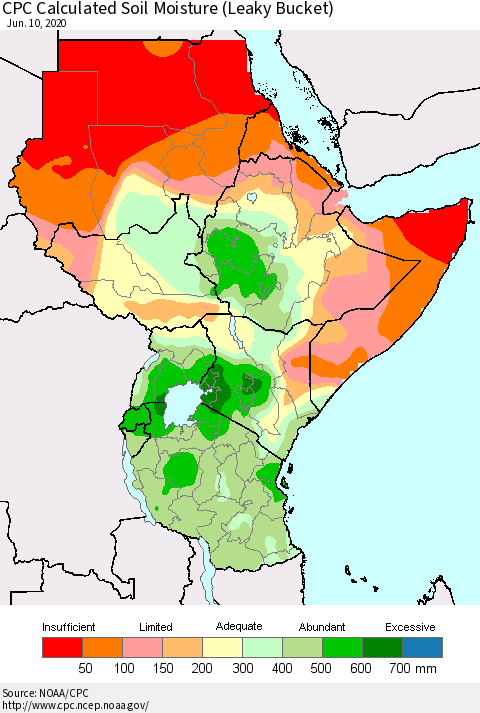 Eastern Africa CPC Calculated Soil Moisture (Leaky Bucket) Thematic Map For 6/6/2020 - 6/10/2020