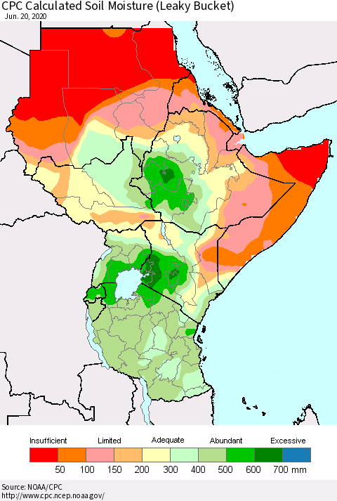 Eastern Africa CPC Calculated Soil Moisture (Leaky Bucket) Thematic Map For 6/16/2020 - 6/20/2020