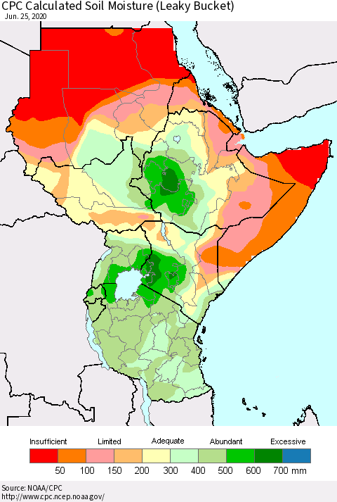 Eastern Africa CPC Calculated Soil Moisture (Leaky Bucket) Thematic Map For 6/21/2020 - 6/25/2020