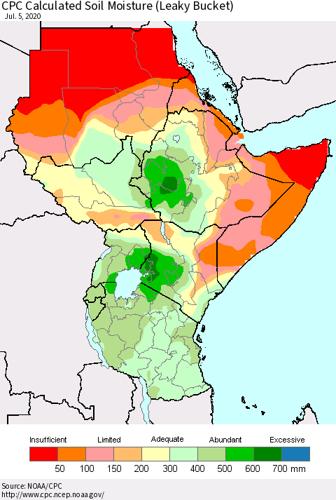 Eastern Africa CPC Calculated Soil Moisture (Leaky Bucket) Thematic Map For 7/1/2020 - 7/5/2020