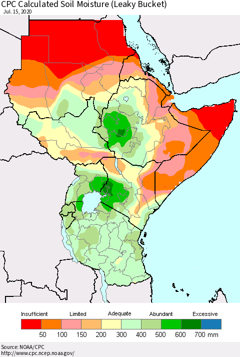 Eastern Africa CPC Calculated Soil Moisture (Leaky Bucket) Thematic Map For 7/11/2020 - 7/15/2020