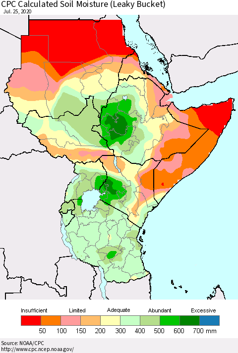 Eastern Africa CPC Calculated Soil Moisture (Leaky Bucket) Thematic Map For 7/21/2020 - 7/25/2020