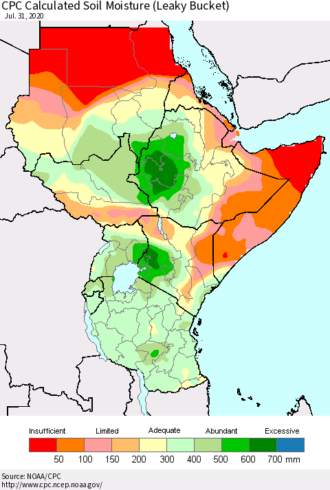 Eastern Africa CPC Calculated Soil Moisture (Leaky Bucket) Thematic Map For 7/26/2020 - 7/31/2020