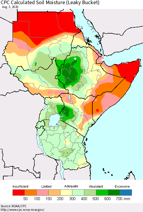 Eastern Africa CPC Calculated Soil Moisture (Leaky Bucket) Thematic Map For 8/1/2020 - 8/5/2020