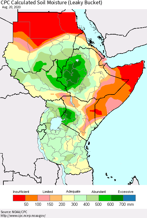 Eastern Africa CPC Calculated Soil Moisture (Leaky Bucket) Thematic Map For 8/16/2020 - 8/20/2020