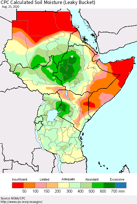 Eastern Africa CPC Calculated Soil Moisture (Leaky Bucket) Thematic Map For 8/21/2020 - 8/25/2020