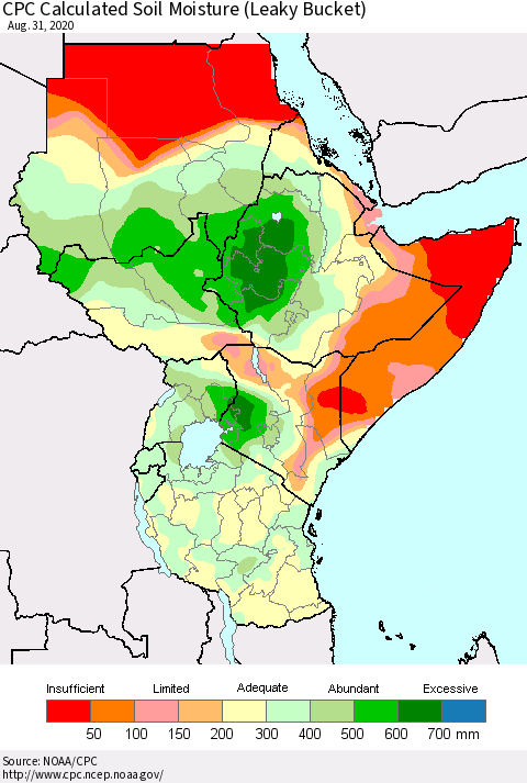 Eastern Africa CPC Calculated Soil Moisture (Leaky Bucket) Thematic Map For 8/26/2020 - 8/31/2020