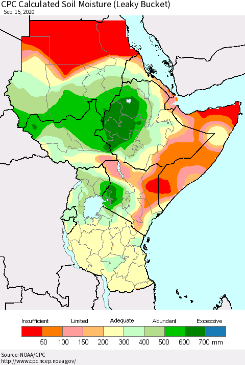 Eastern Africa CPC Calculated Soil Moisture (Leaky Bucket) Thematic Map For 9/11/2020 - 9/15/2020