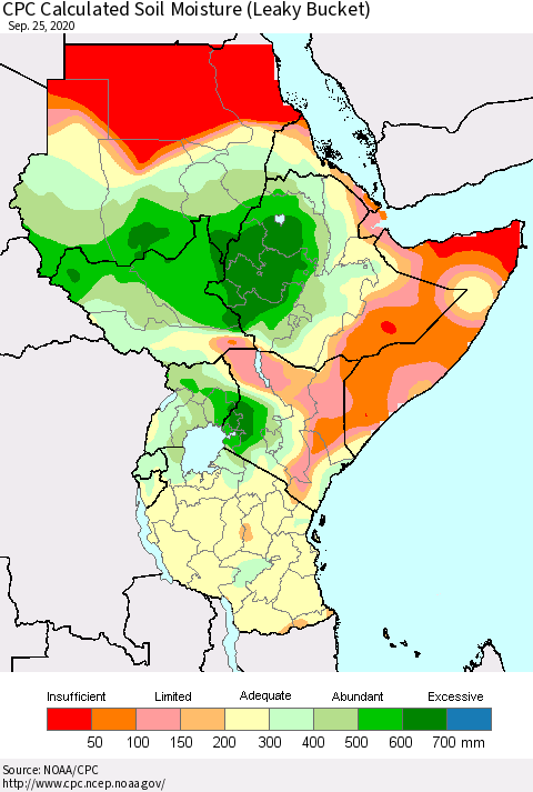 Eastern Africa CPC Calculated Soil Moisture (Leaky Bucket) Thematic Map For 9/21/2020 - 9/25/2020