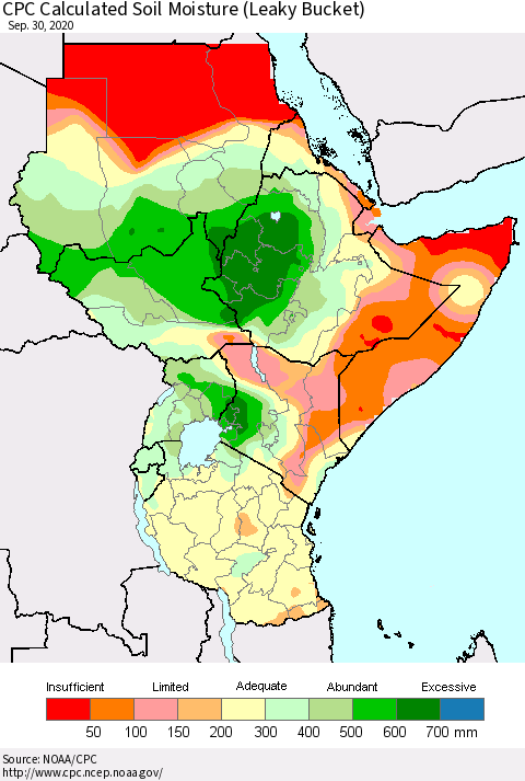 Eastern Africa CPC Calculated Soil Moisture (Leaky Bucket) Thematic Map For 9/26/2020 - 9/30/2020