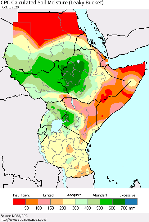 Eastern Africa CPC Soil Moisture (Leaky Bucket) Thematic Map For 10/1/2020 - 10/5/2020