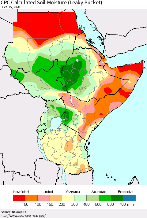 Eastern Africa CPC Calculated Soil Moisture (Leaky Bucket) Thematic Map For 10/11/2020 - 10/15/2020