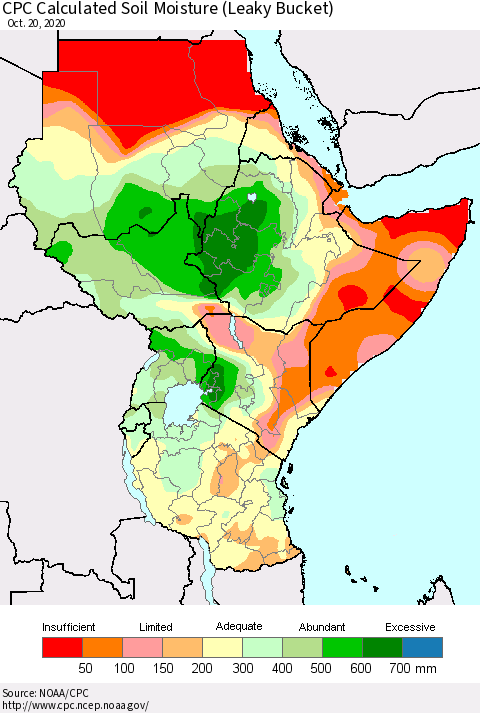 Eastern Africa CPC Soil Moisture (Leaky Bucket) Thematic Map For 10/16/2020 - 10/20/2020