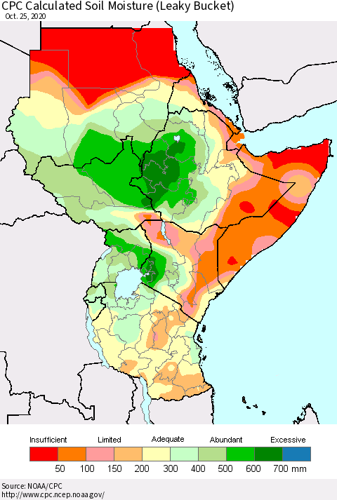 Eastern Africa CPC Calculated Soil Moisture (Leaky Bucket) Thematic Map For 10/21/2020 - 10/25/2020