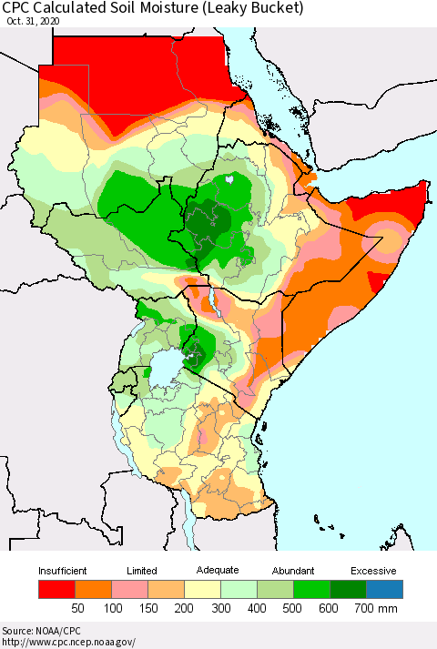 Eastern Africa CPC Calculated Soil Moisture (Leaky Bucket) Thematic Map For 10/26/2020 - 10/31/2020