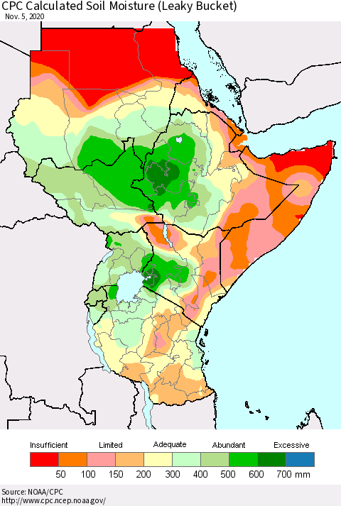Eastern Africa CPC Calculated Soil Moisture (Leaky Bucket) Thematic Map For 11/1/2020 - 11/5/2020
