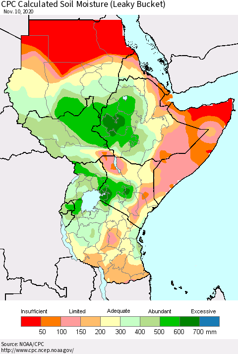 Eastern Africa CPC Soil Moisture (Leaky Bucket) Thematic Map For 11/6/2020 - 11/10/2020