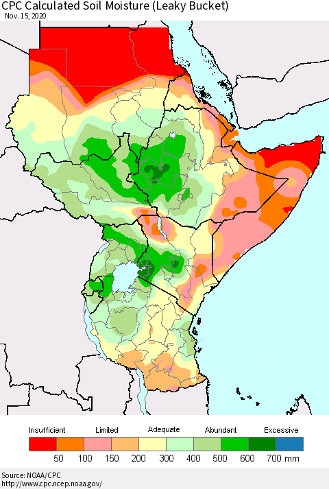 Eastern Africa CPC Soil Moisture (Leaky Bucket) Thematic Map For 11/11/2020 - 11/15/2020