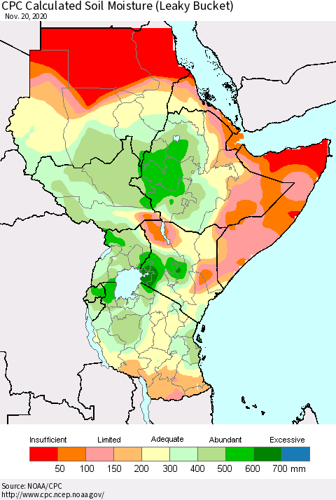 Eastern Africa CPC Calculated Soil Moisture (Leaky Bucket) Thematic Map For 11/16/2020 - 11/20/2020